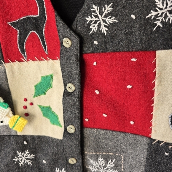 VTG Carolina Colours 90s Wool Vest S Patchwork Embroidered Snowman Boho Artsy - Picture 11 of 12
